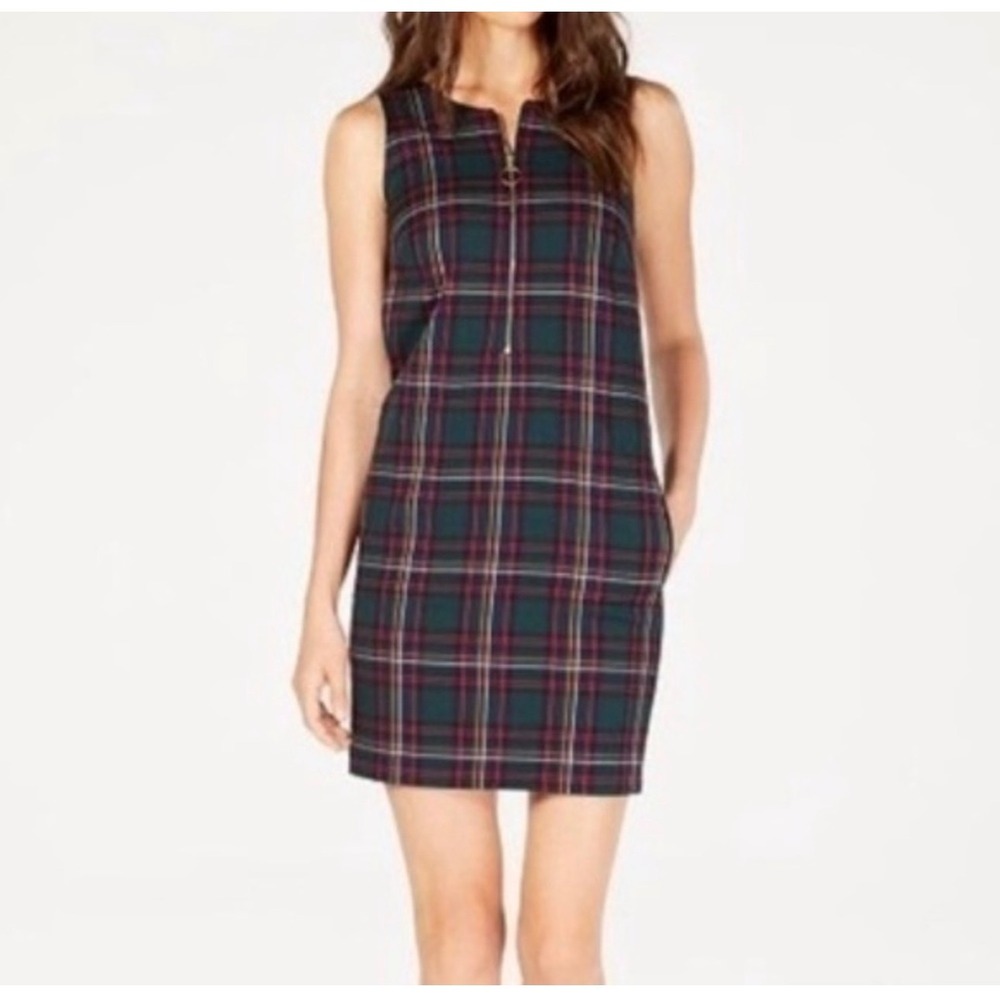 Trina Turk Green Plaid Sleeveless Half Zip Shift Dress Size 4 Made in‎ USA